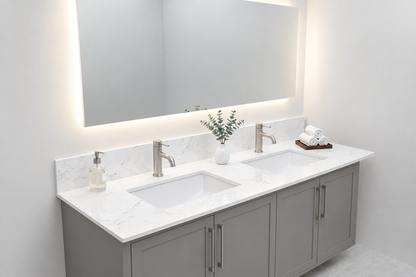 61-inch Quartz Double Bowl Vanity Countertop with Porcelain White Rectangle Sinks