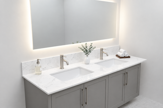 61-inch Quartz Double Bowl Vanity Countertop with Porcelain White Rectangle Sinks