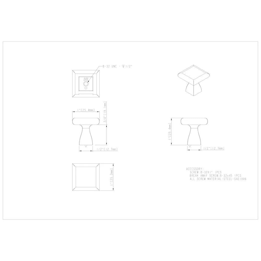 1" Overall Length Square Hadly Cabinet Knob