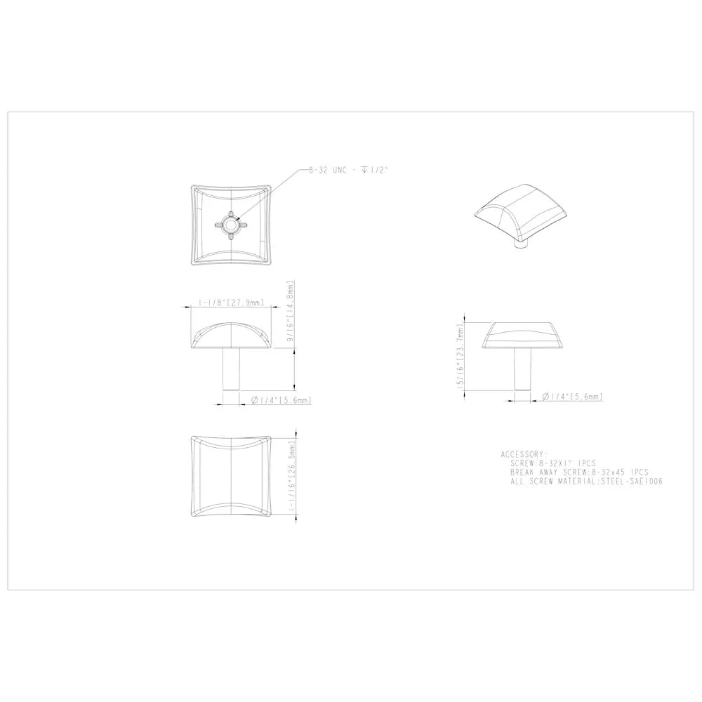 1-1/8" Overall Length Square Glendale Cabinet Knob