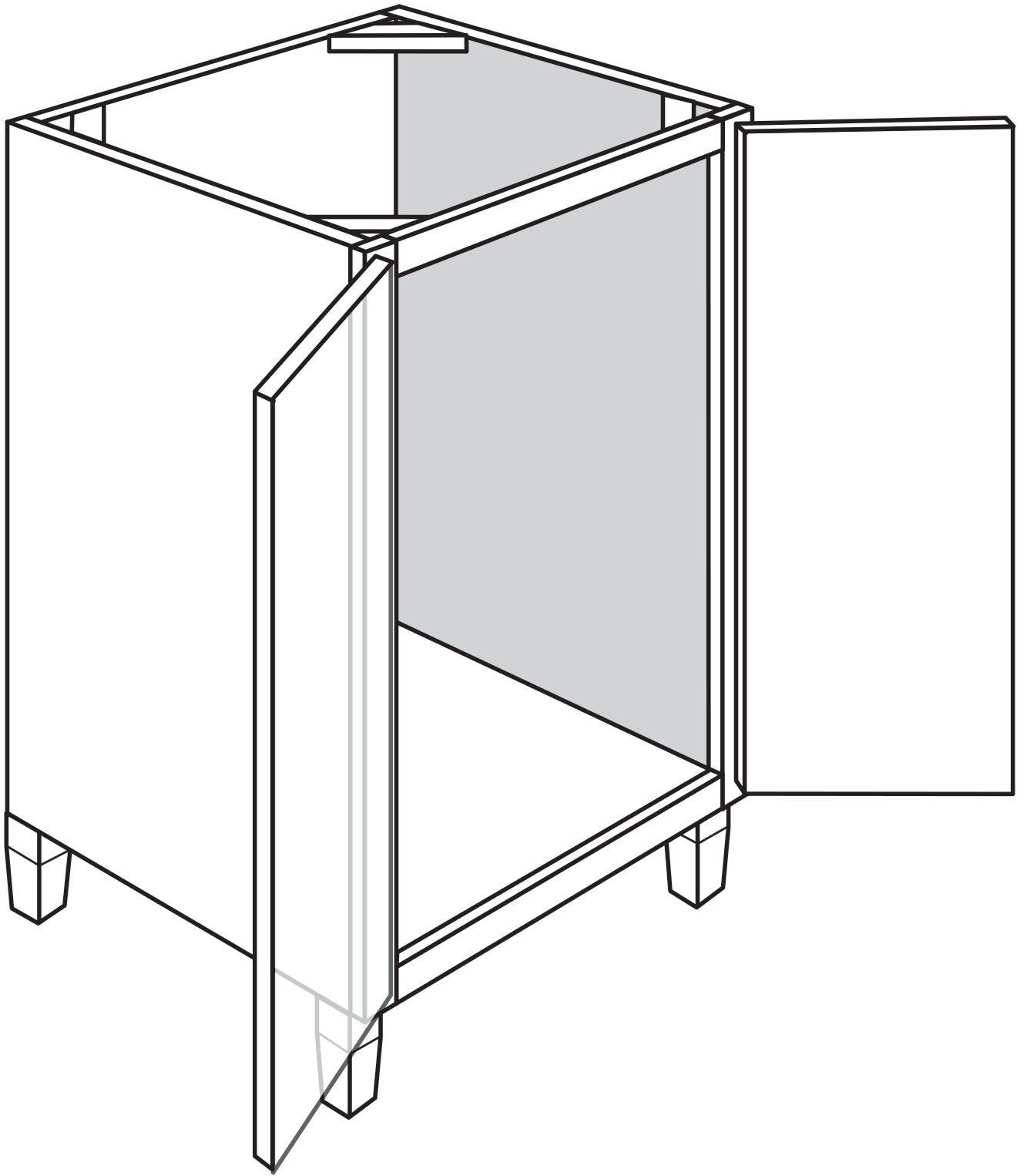 Line drawing of a white bathroom vanity base with tapered legs and an open door showing the interior.