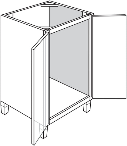 Line drawing of a single sink vanity cabinet with feet