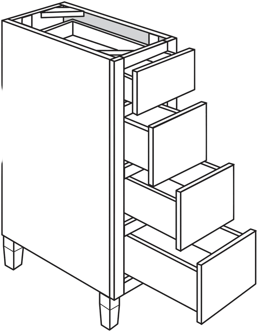 Line drawing of a bathroom vanity base with tapered legs and multiple drawers.