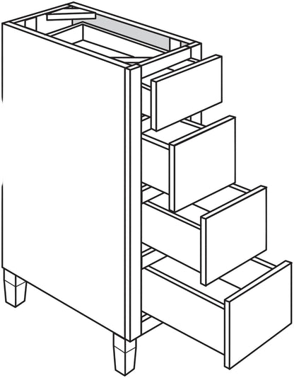 Line drawing of a bathroom vanity base with tapered legs and multiple drawers.